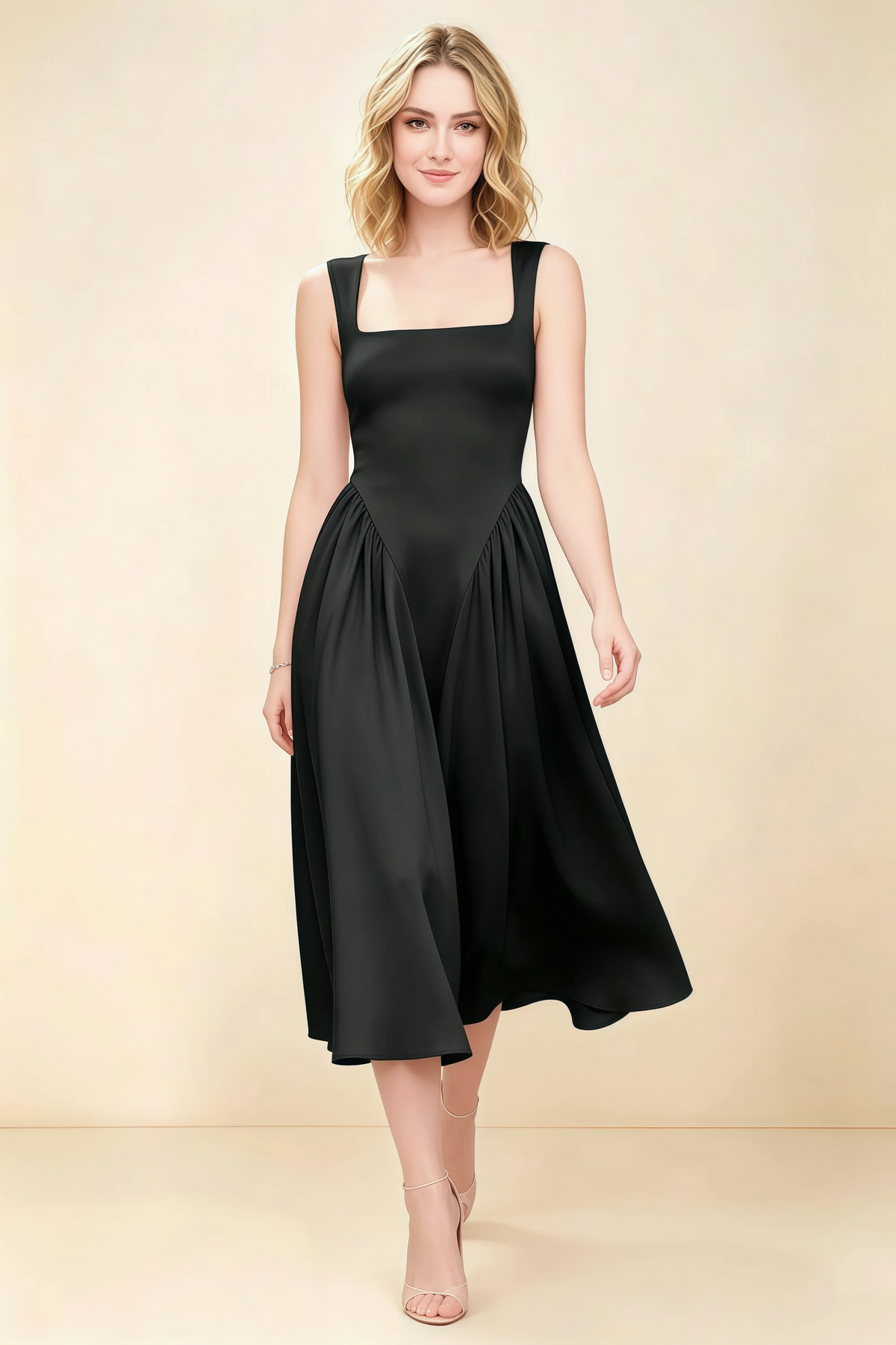 Anabelle Black Sleeveless Square Neck Midi Dress