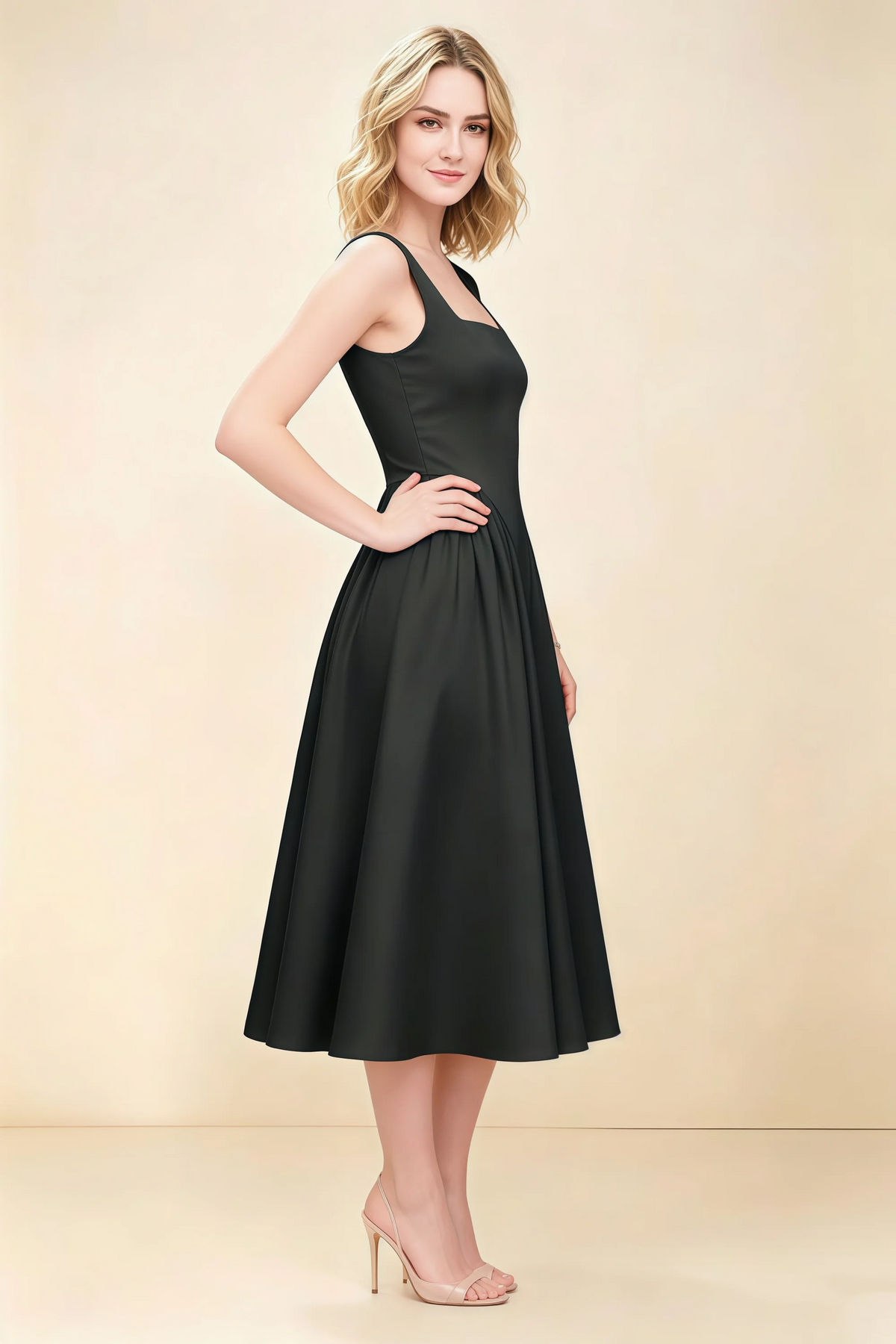 Anabelle Black Sleeveless Square Neck Midi Dress