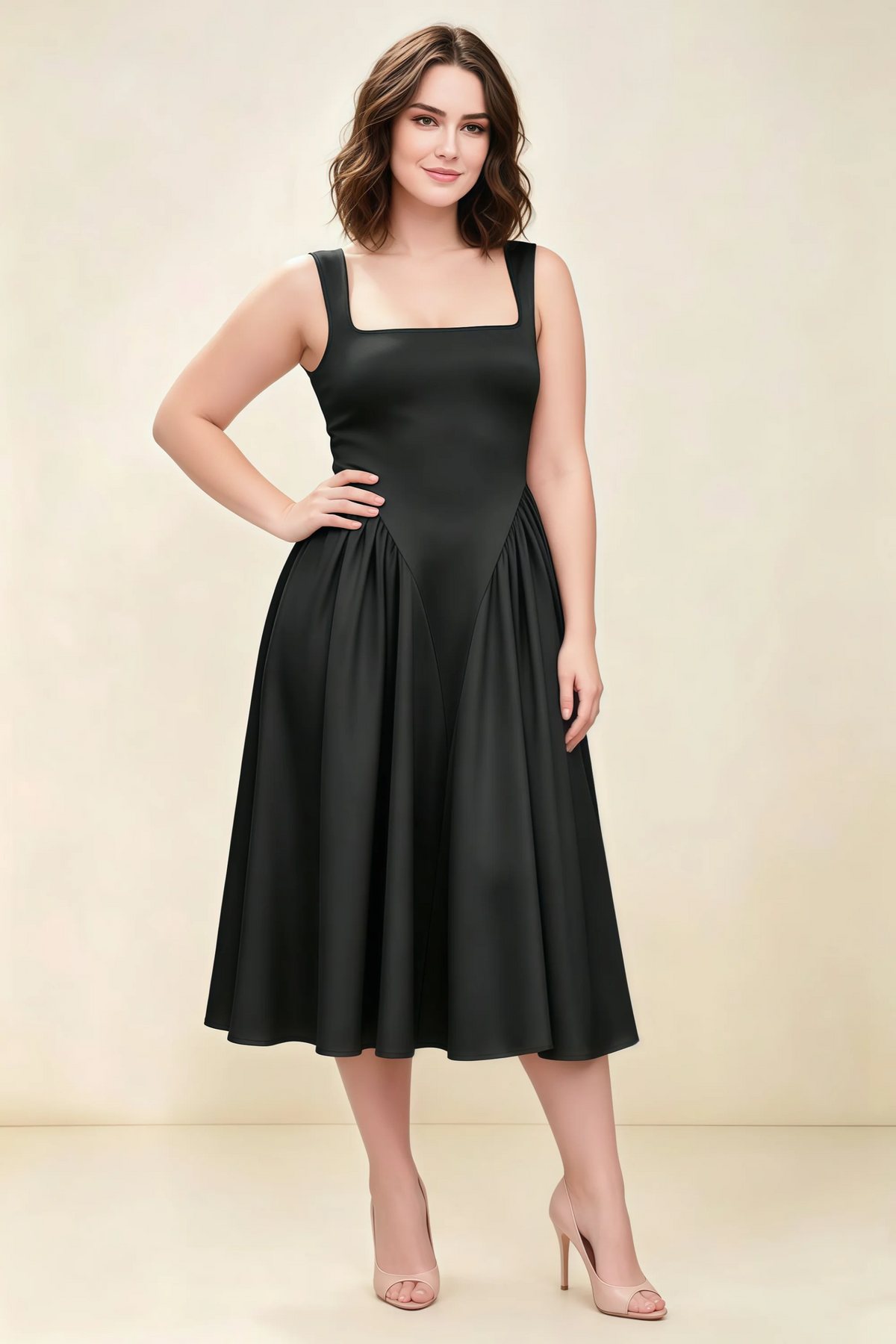 Anabelle Black Sleeveless Square Neck Midi Dress