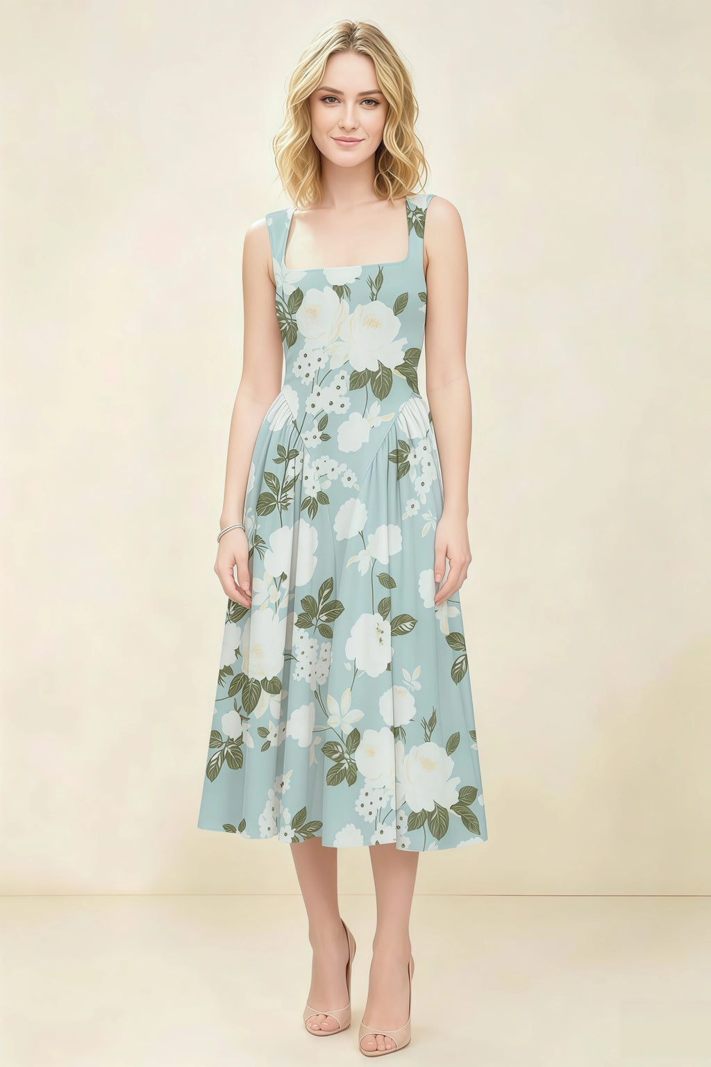Anabelle Blue Floral Sleeveless Square Neck Midi Dress