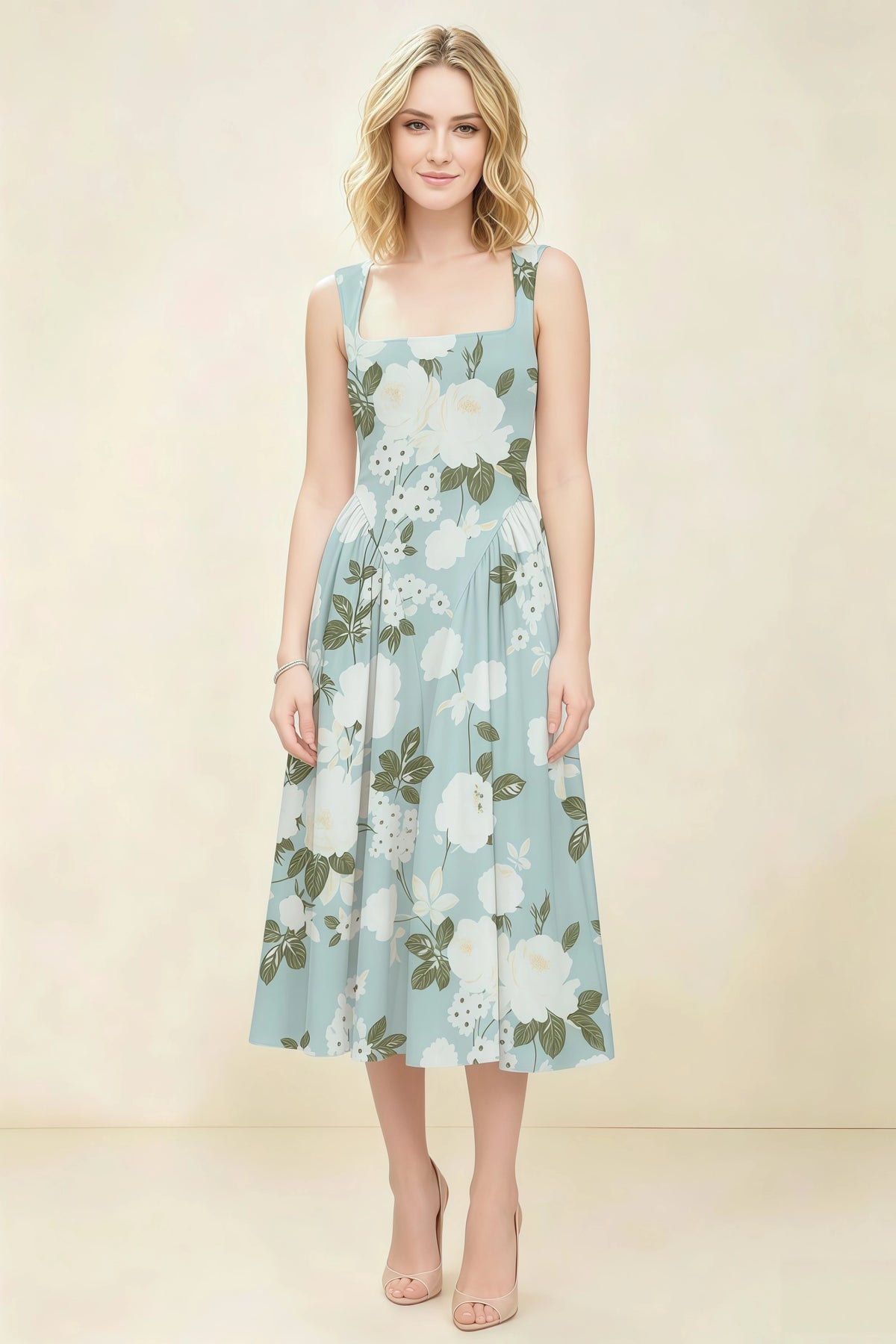 Anabelle Blue Floral Sleeveless Square Neck Midi Dress
