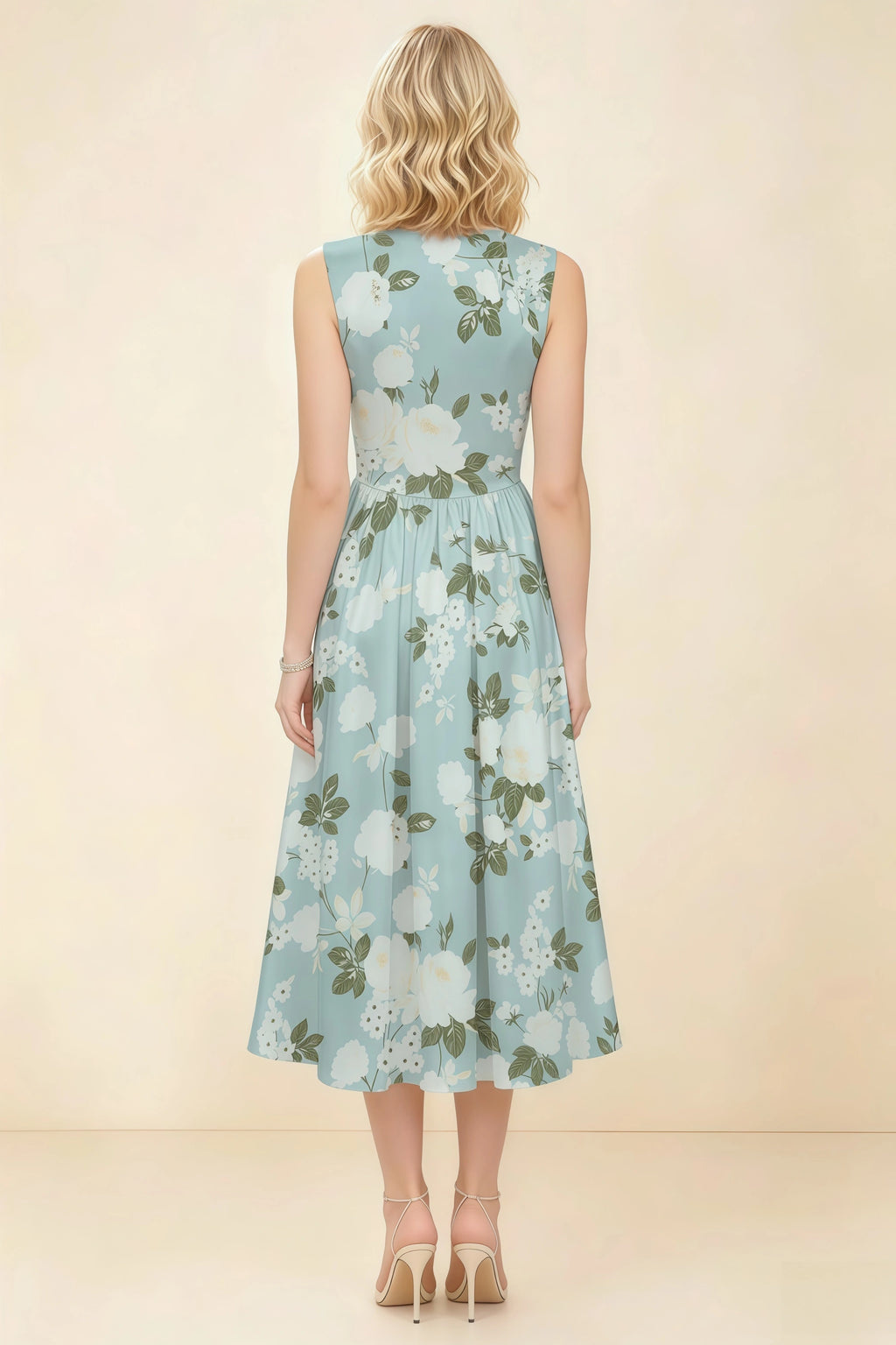Anabelle Blue Floral Sleeveless Square Neck Midi Dress