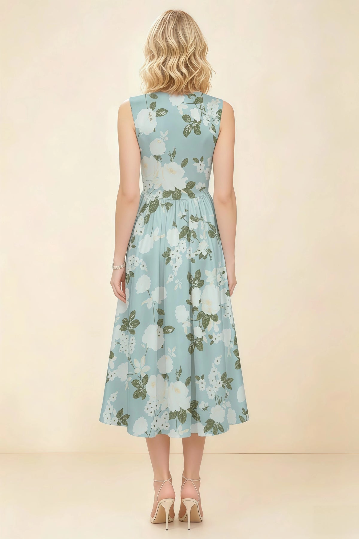 Anabelle Blue Floral Sleeveless Square Neck Midi Dress