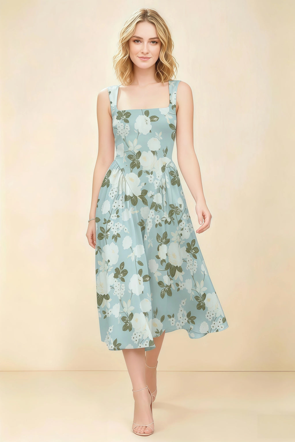 Anabelle Blue Floral Sleeveless Square Neck Midi Dress