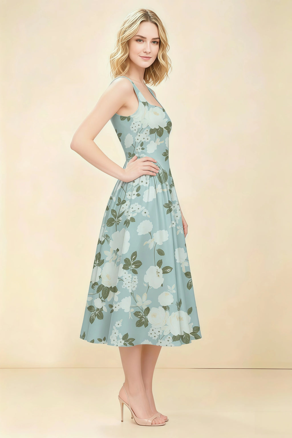 Anabelle Blue Floral Sleeveless Square Neck Midi Dress