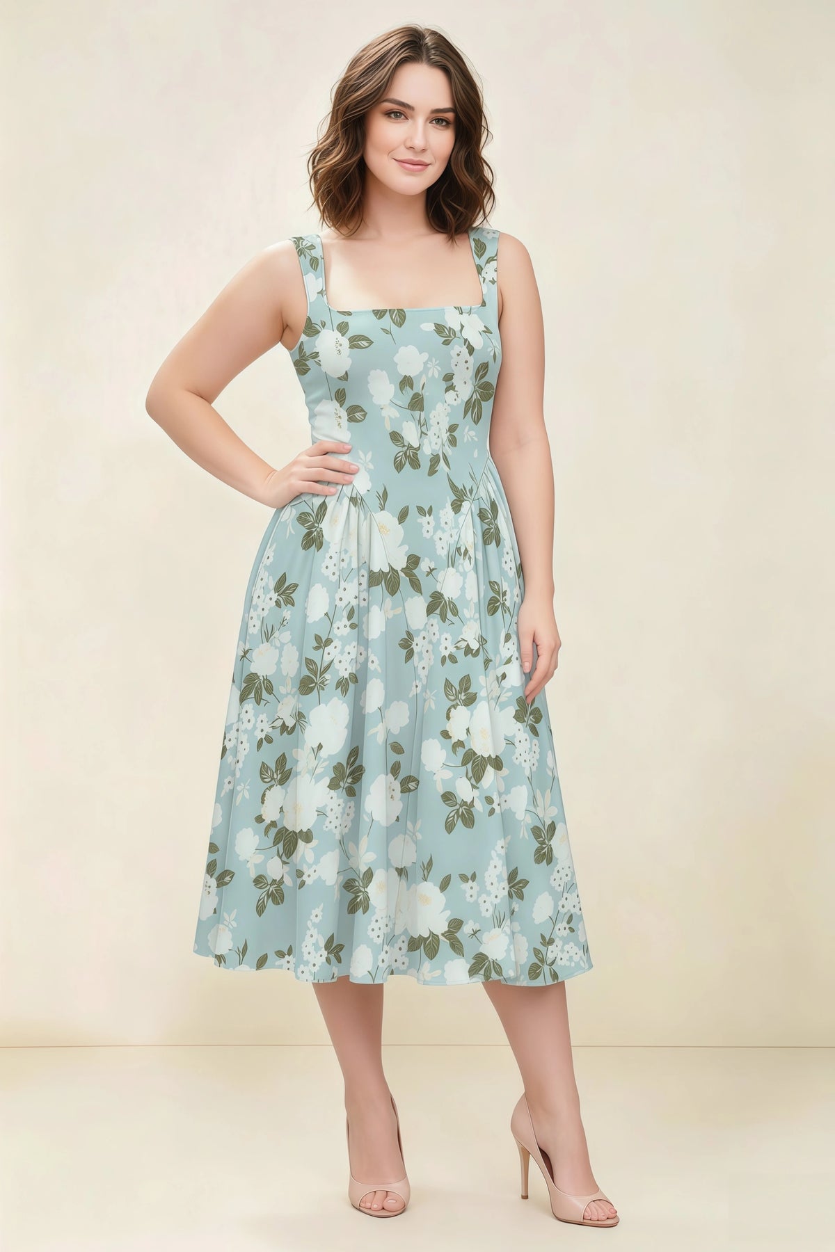 Anabelle Blue Floral Sleeveless Square Neck Midi Dress