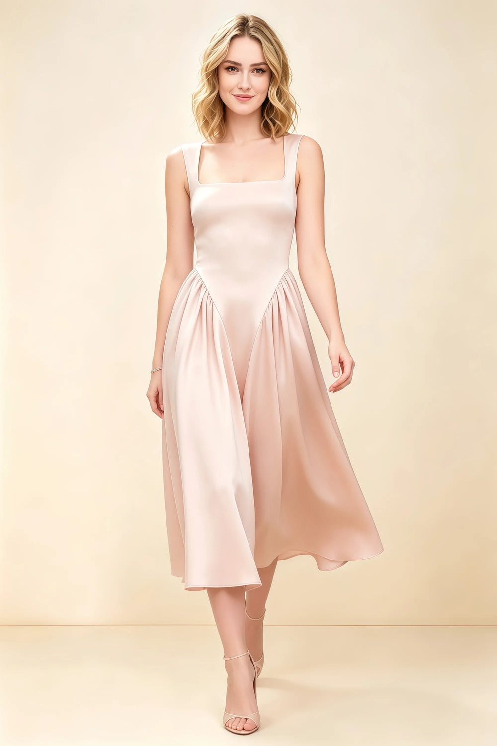 Translation missing: en.Front view of the LVLVS Anabelle blush midi dress, showing the square neckline, wide shoulder straps and flared skirt. content.product_image_main