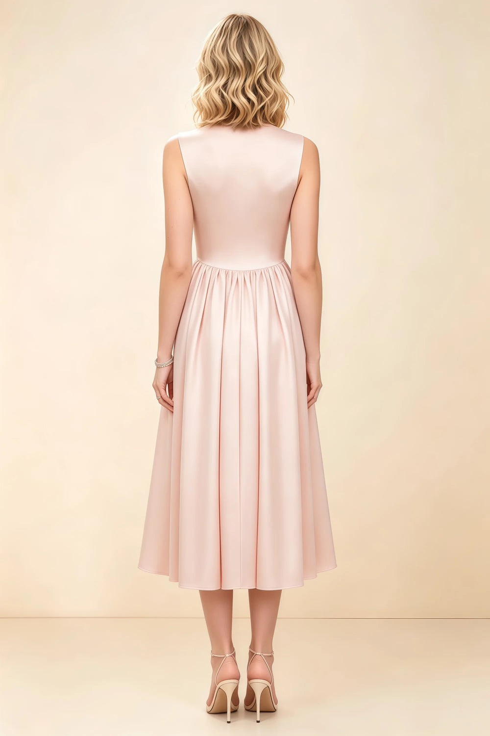 Translation missing: en.Back view of the LVLVS Anabelle blush midi dress, showing the covered back, fitted waist and gathered midi skirt. content.product_image_secondary