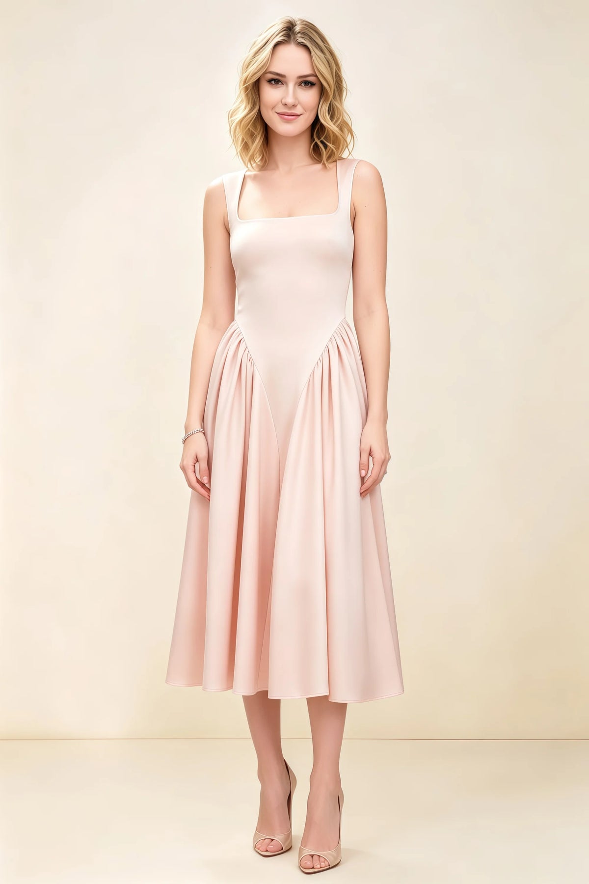 Anabelle Blush Sleeveless Square Neck Midi Dress