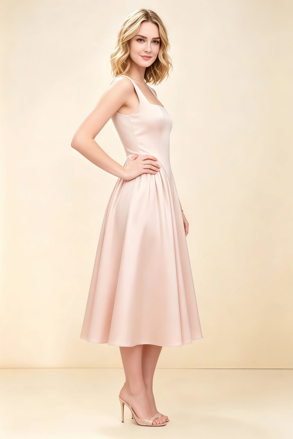 Anabelle Blush Sleeveless Square Neck Midi Dress