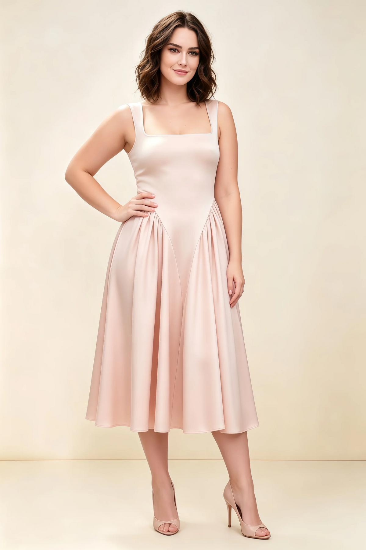 Anabelle Blush Sleeveless Square Neck Midi Dress