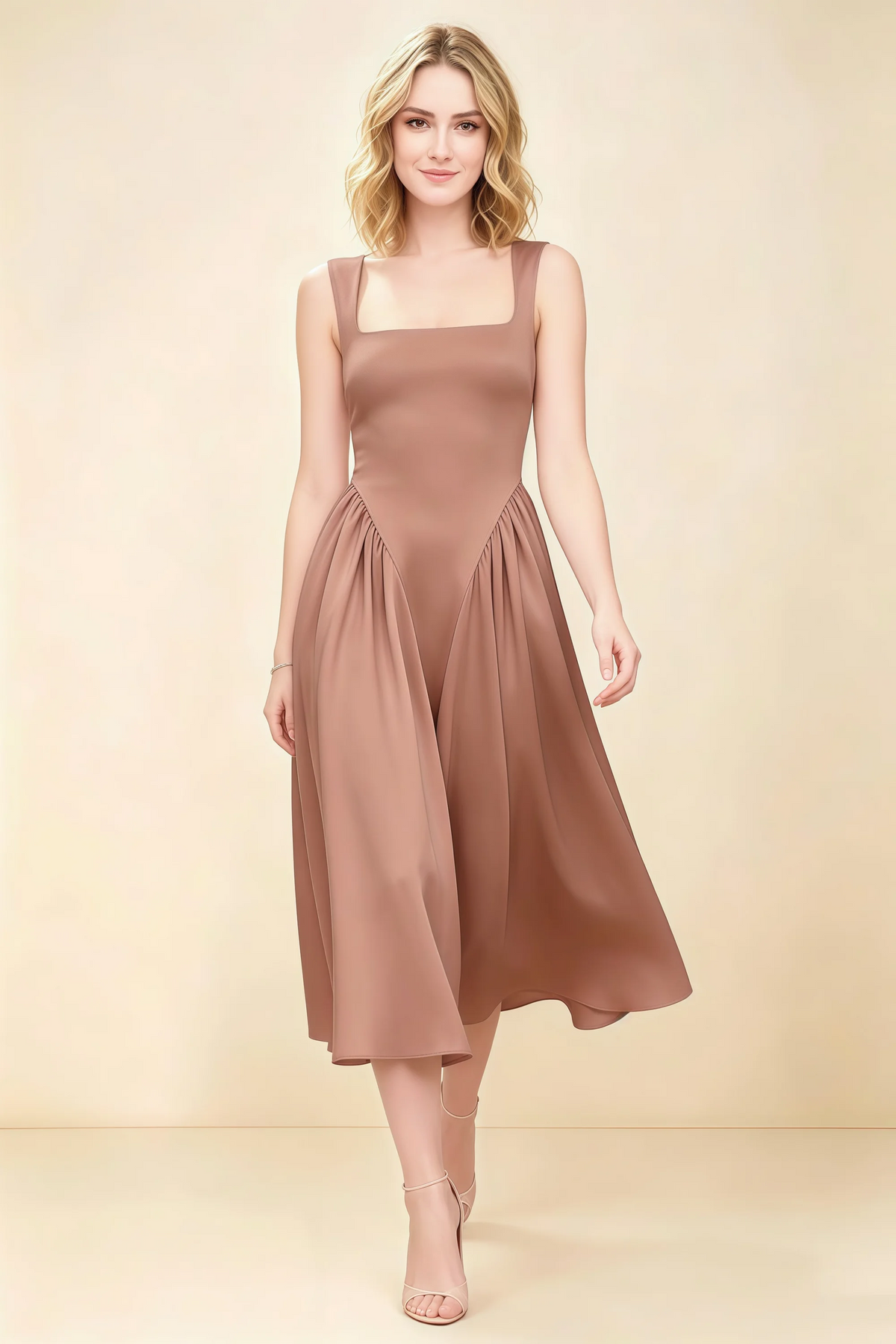 Anabelle Bronze Sleeveless Square Neck Midi Dress