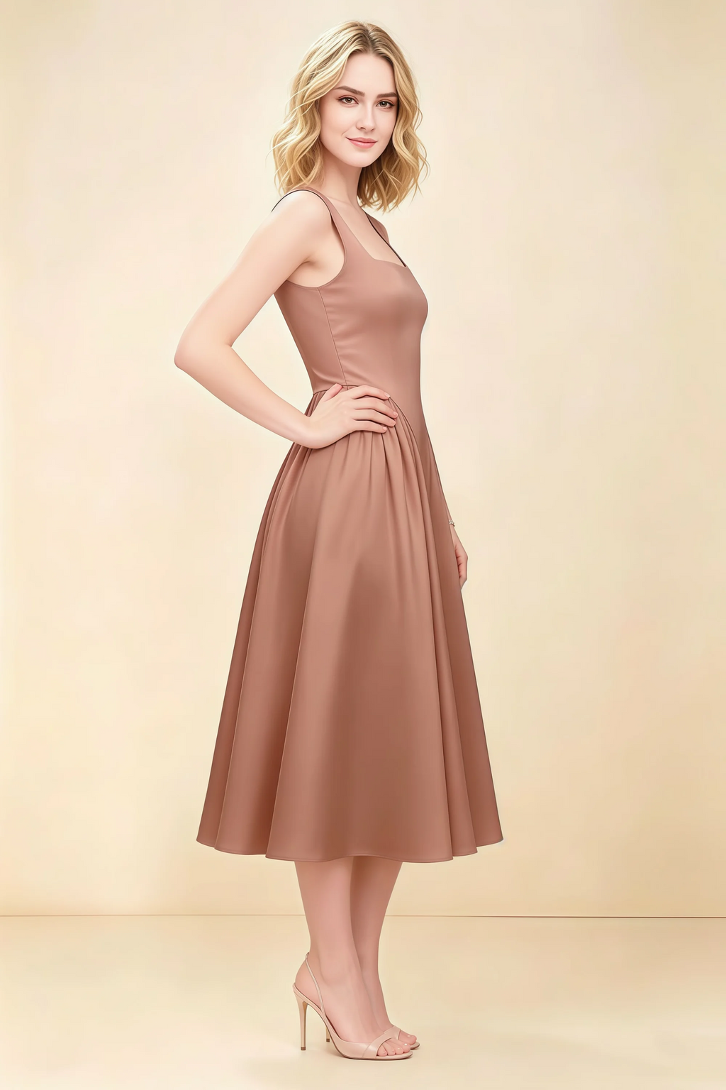 Anabelle Bronze Sleeveless Square Neck Midi Dress