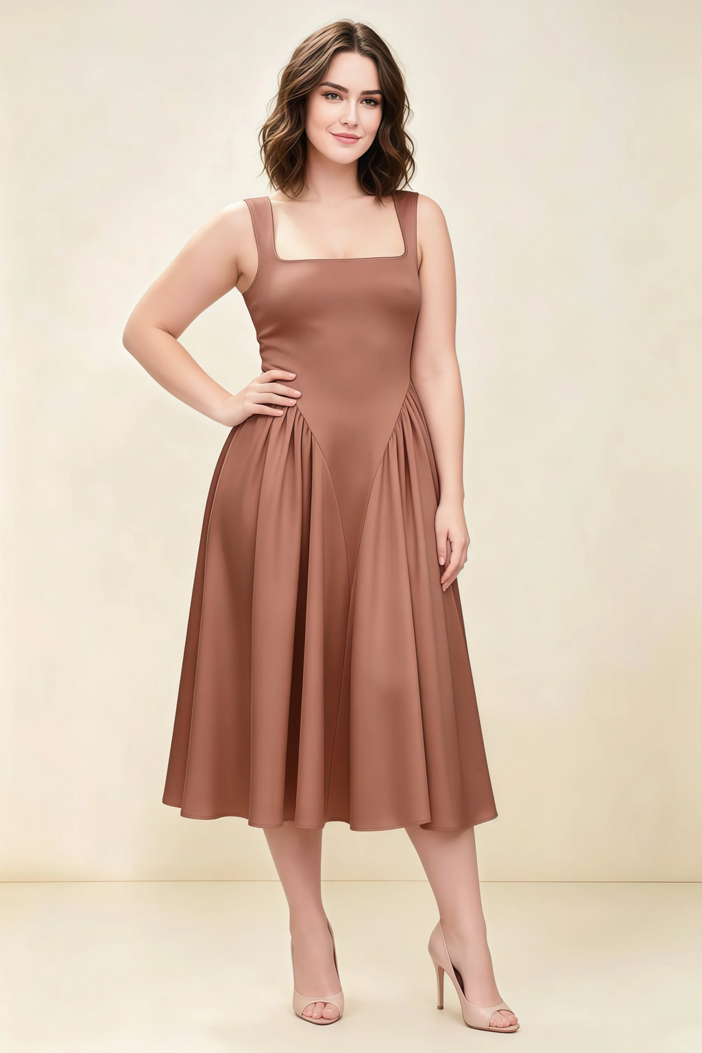 Anabelle Bronze Sleeveless Square Neck Midi Dress