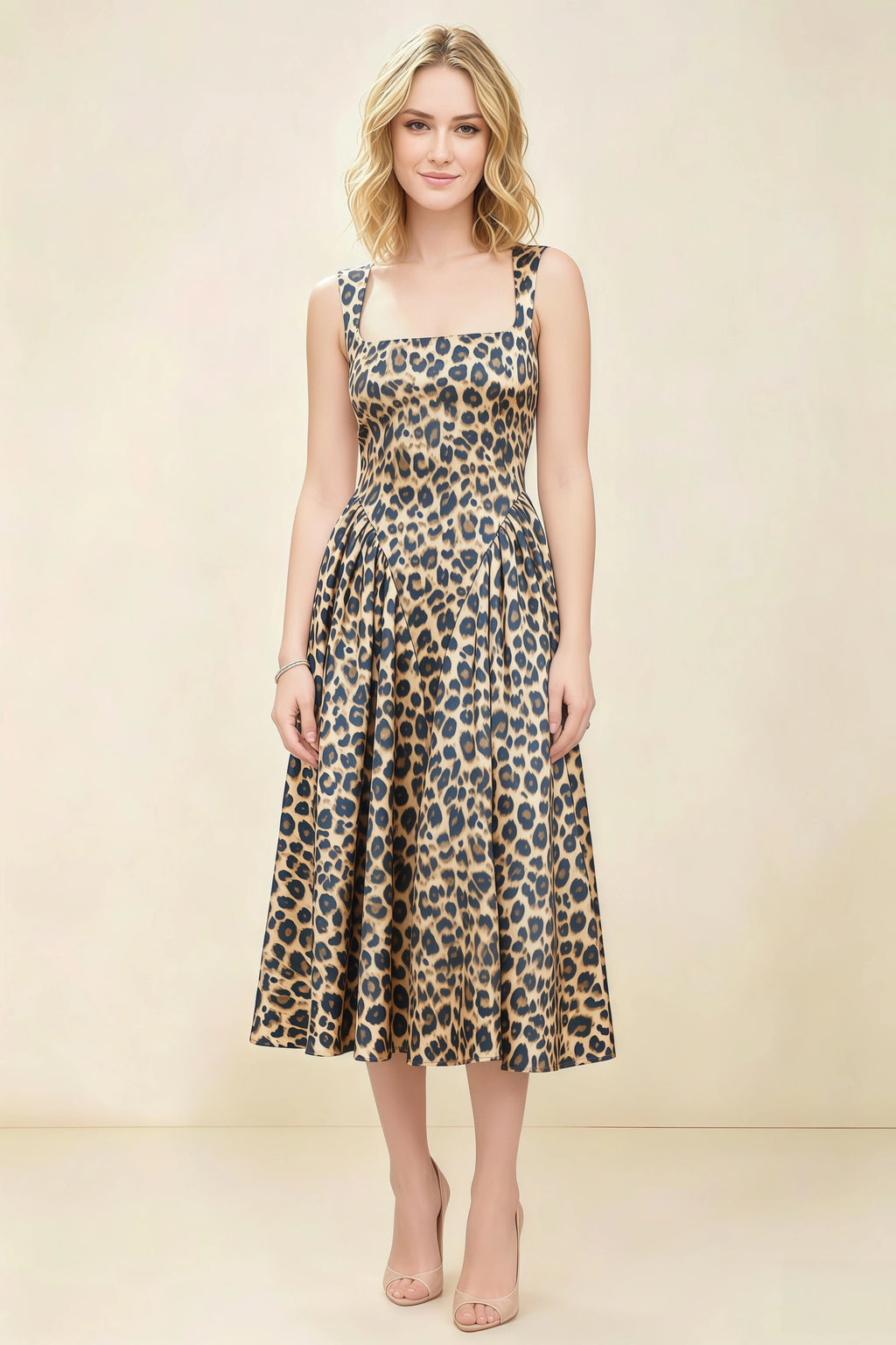 Anabelle Brown Leopard Print Sleeveless Square Neck Midi Dress
