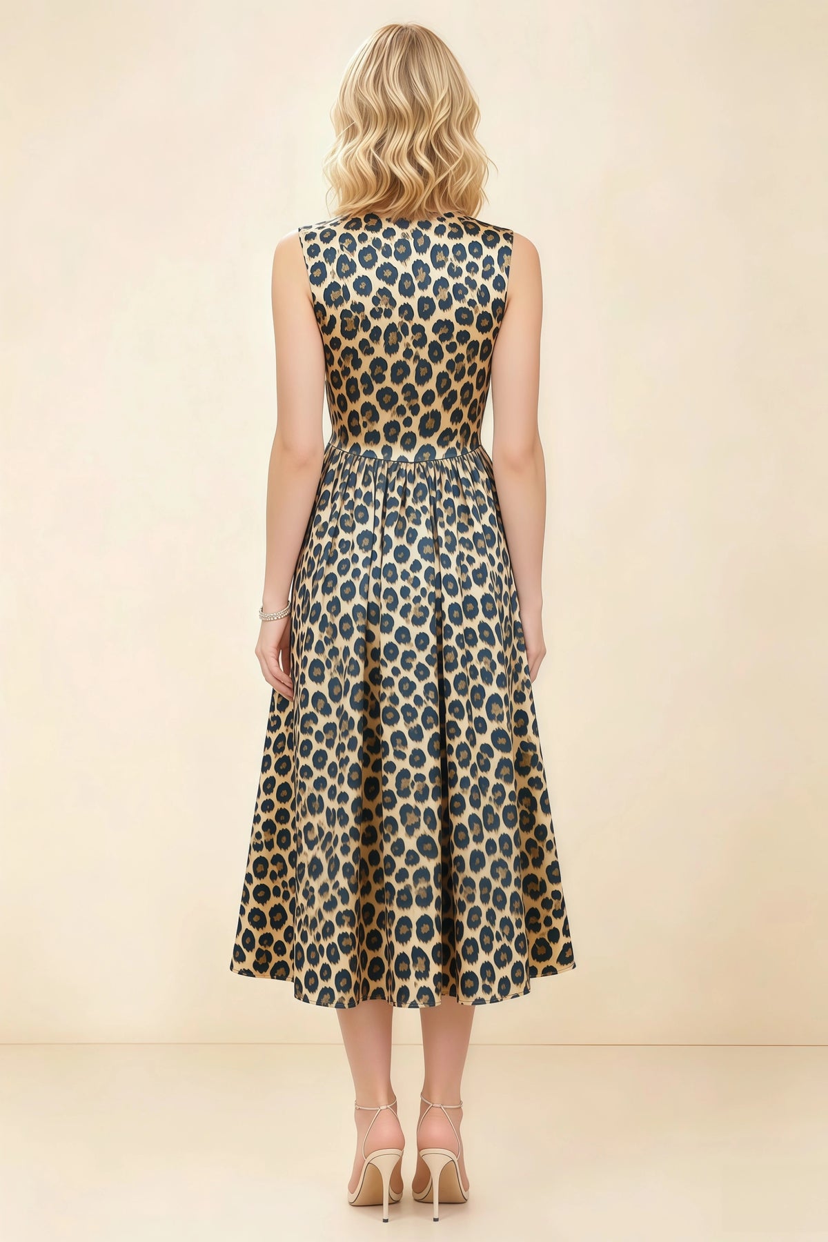Anabelle Brown Leopard Print Sleeveless Square Neck Midi Dress