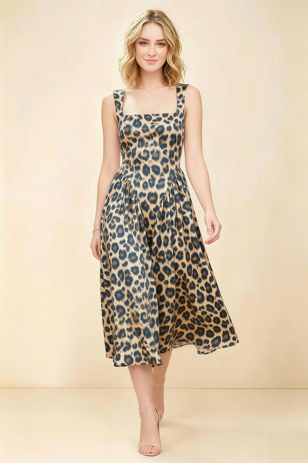 Anabelle Brown Leopard Print Sleeveless Square Neck Midi Dress
