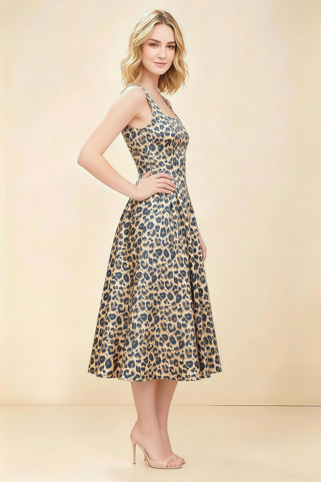 Anabelle Brown Leopard Print Sleeveless Square Neck Midi Dress