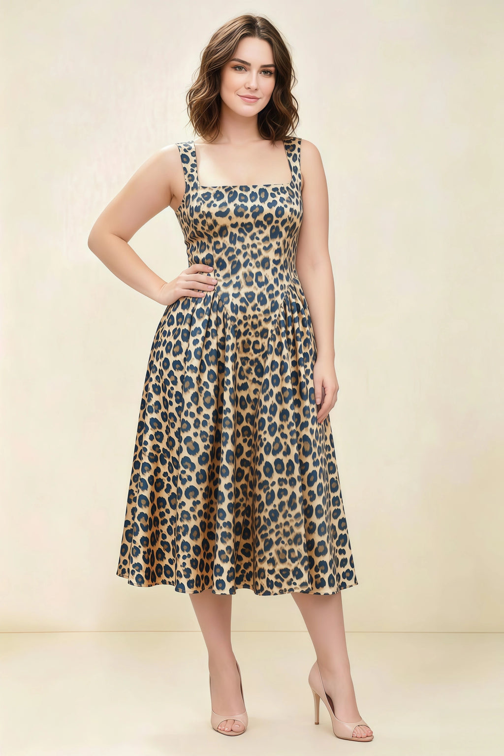Anabelle Brown Leopard Print Sleeveless Square Neck Midi Dress