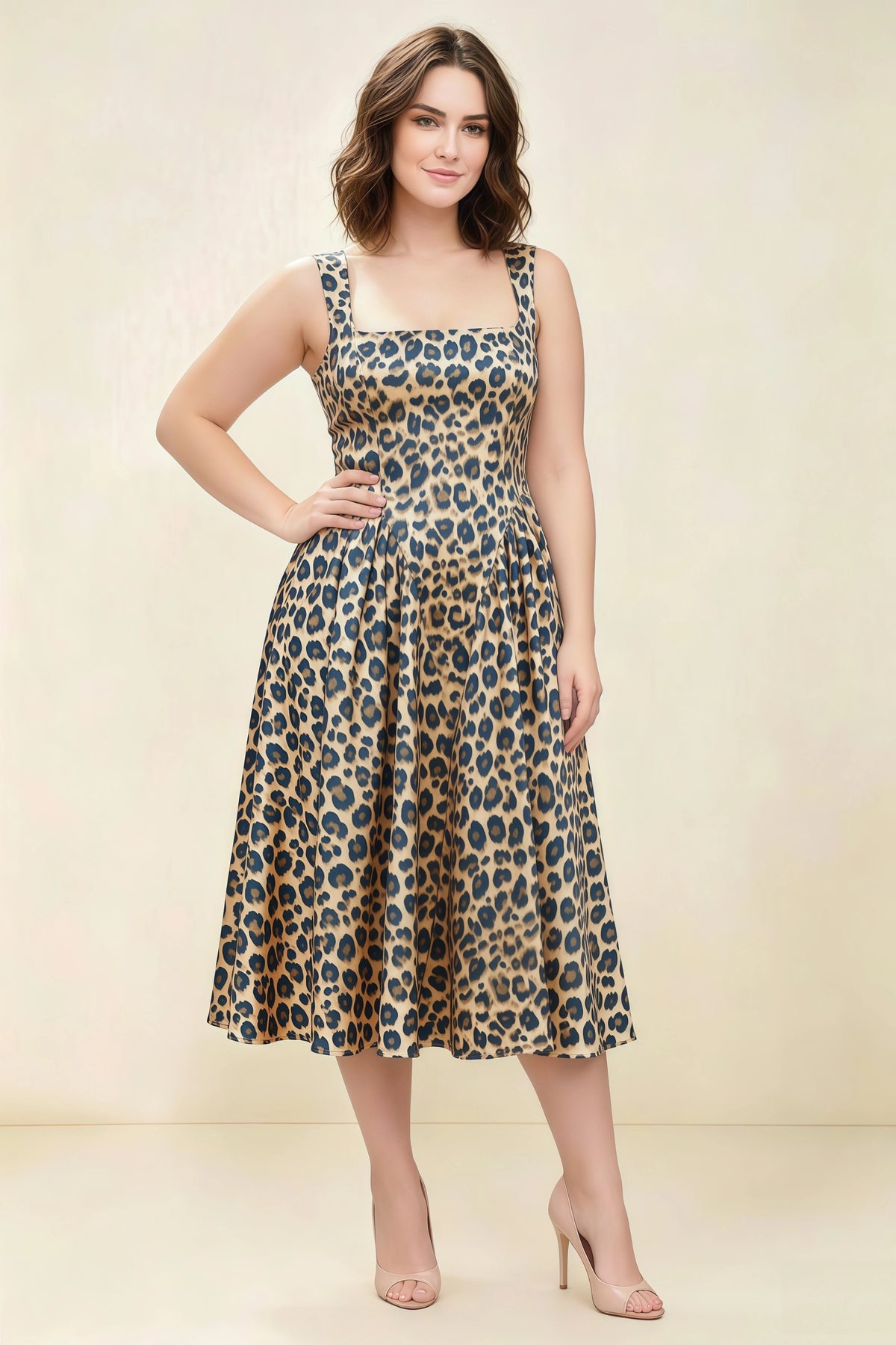 Anabelle Brown Leopard Print Sleeveless Square Neck Midi Dress