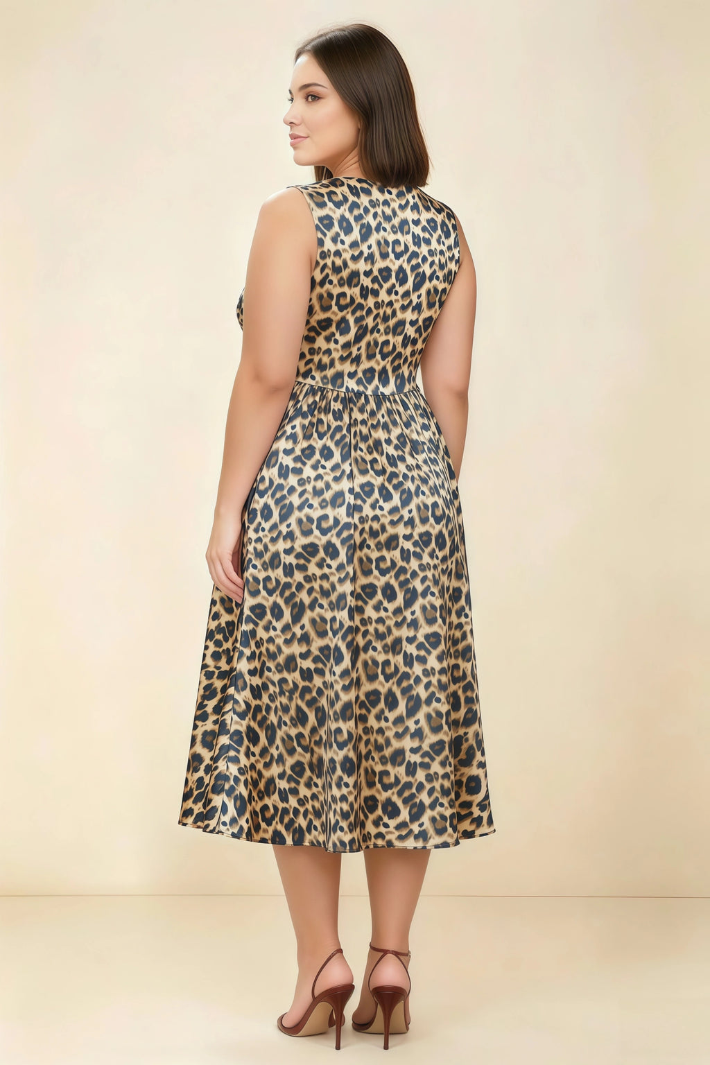 Anabelle Brown Leopard Print Sleeveless Square Neck Midi Dress