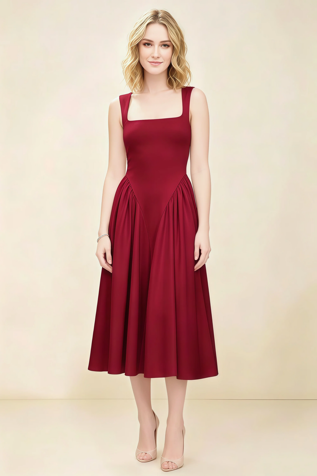 Anabelle Burgundy Sleeveless Square Neck Midi Dress