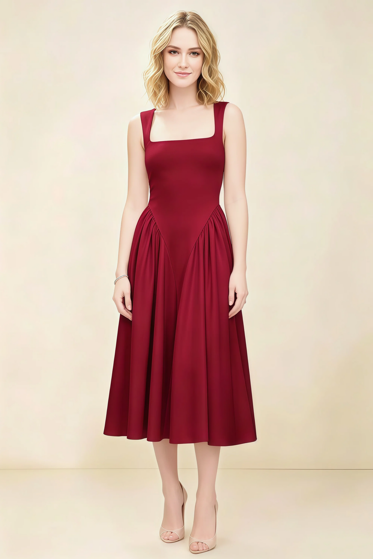 Anabelle Burgundy Sleeveless Square Neck Midi Dress Imagen principal del producto