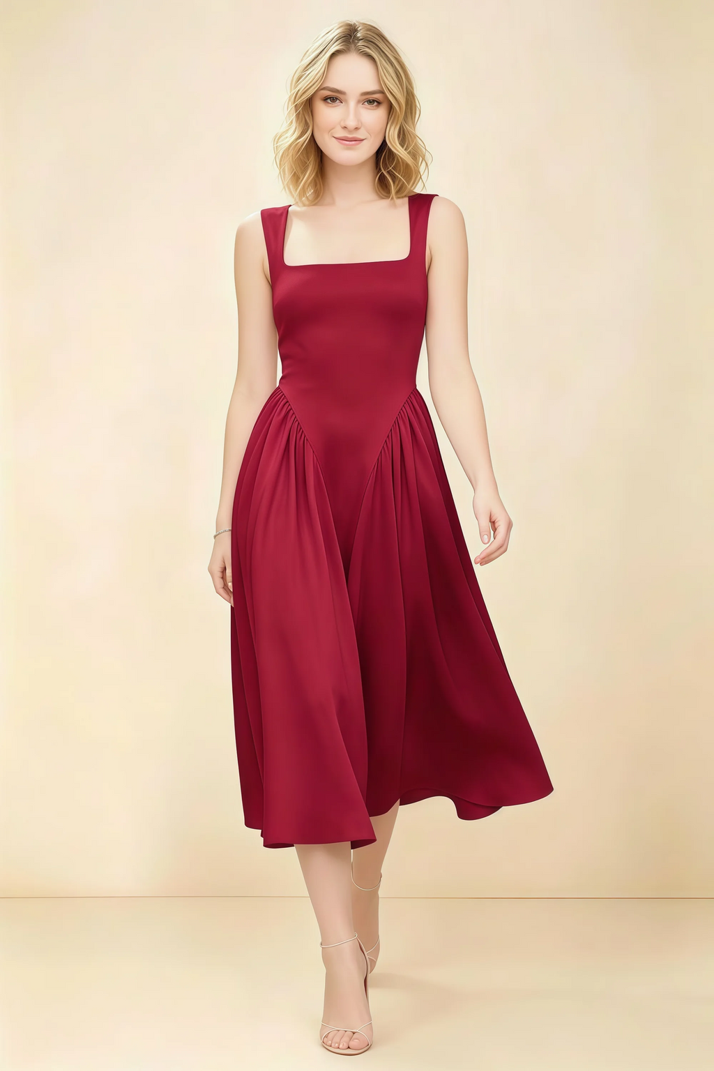 Anabelle Burgundy Sleeveless Square Neck Midi Dress