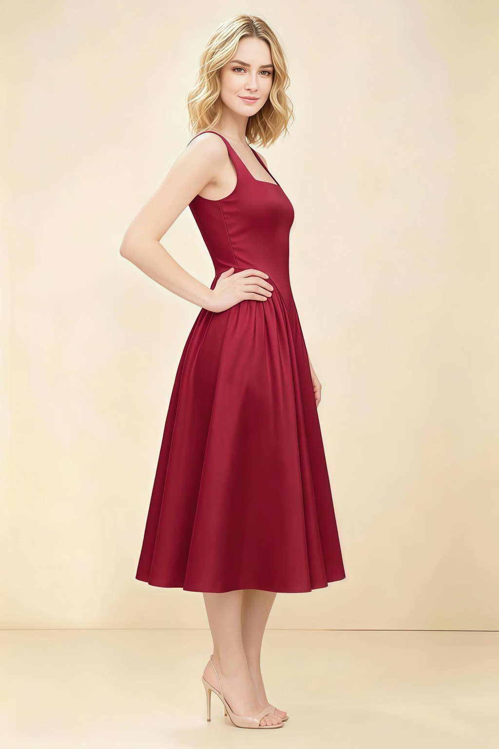 Anabelle Burgundy Sleeveless Square Neck Midi Dress