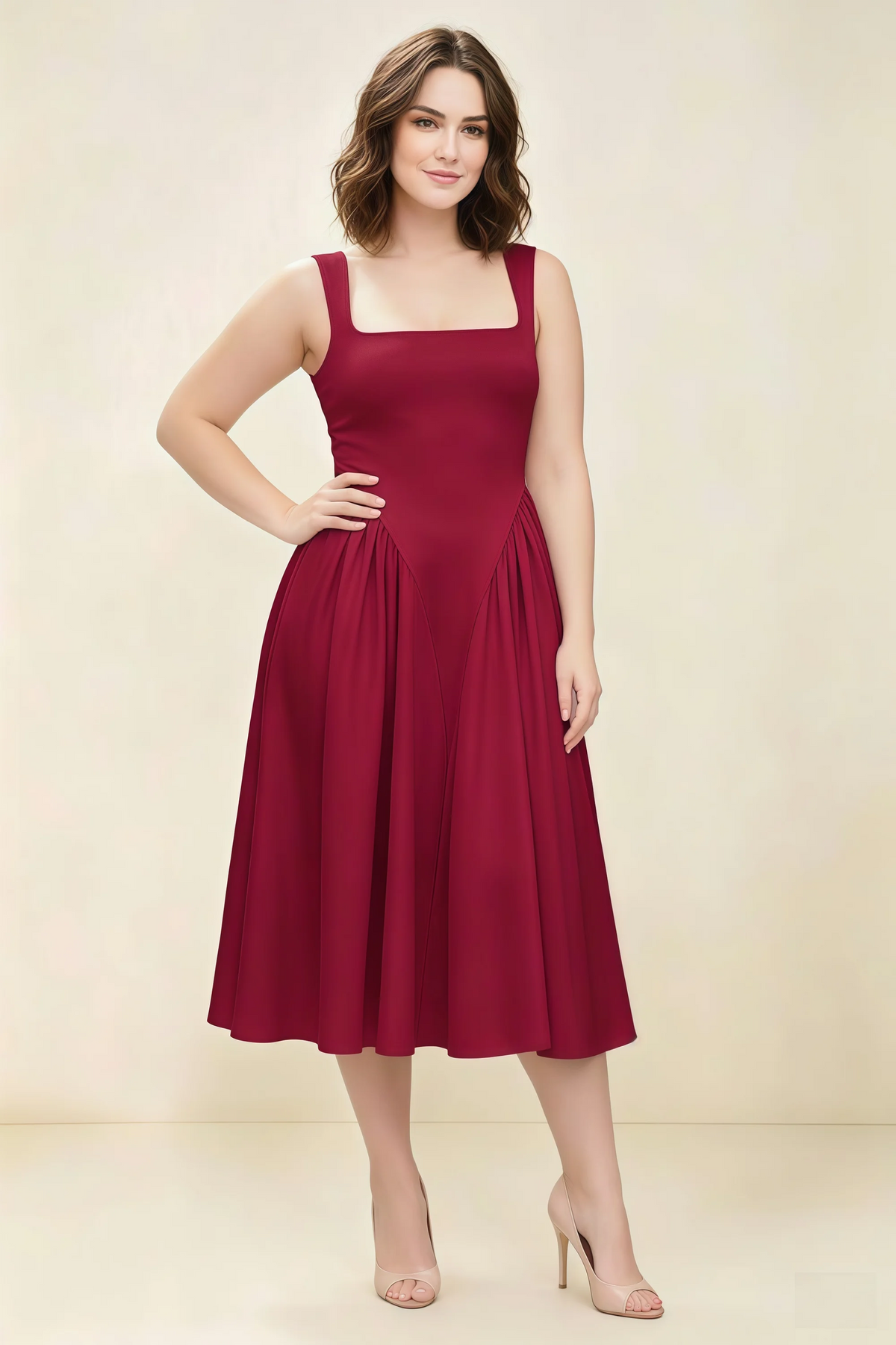 Anabelle Burgundy Sleeveless Square Neck Midi Dress