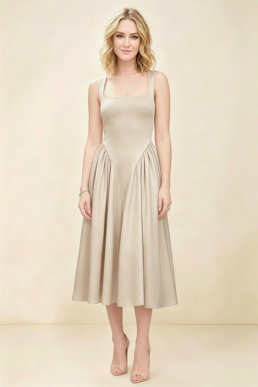 Anabelle Champagne Sleeveless Square Neck Midi Dress