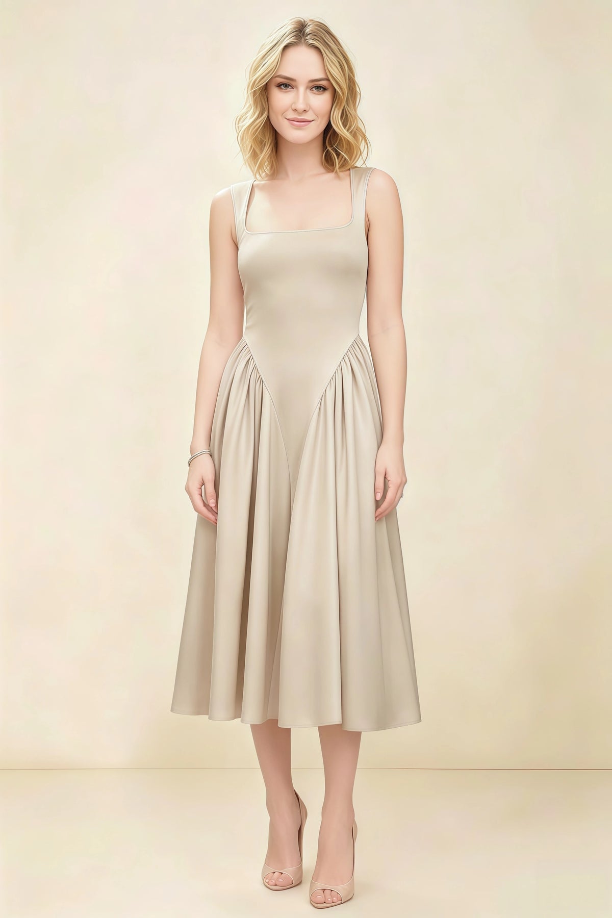 Anabelle Champagne Sleeveless Square Neck Midi Dress