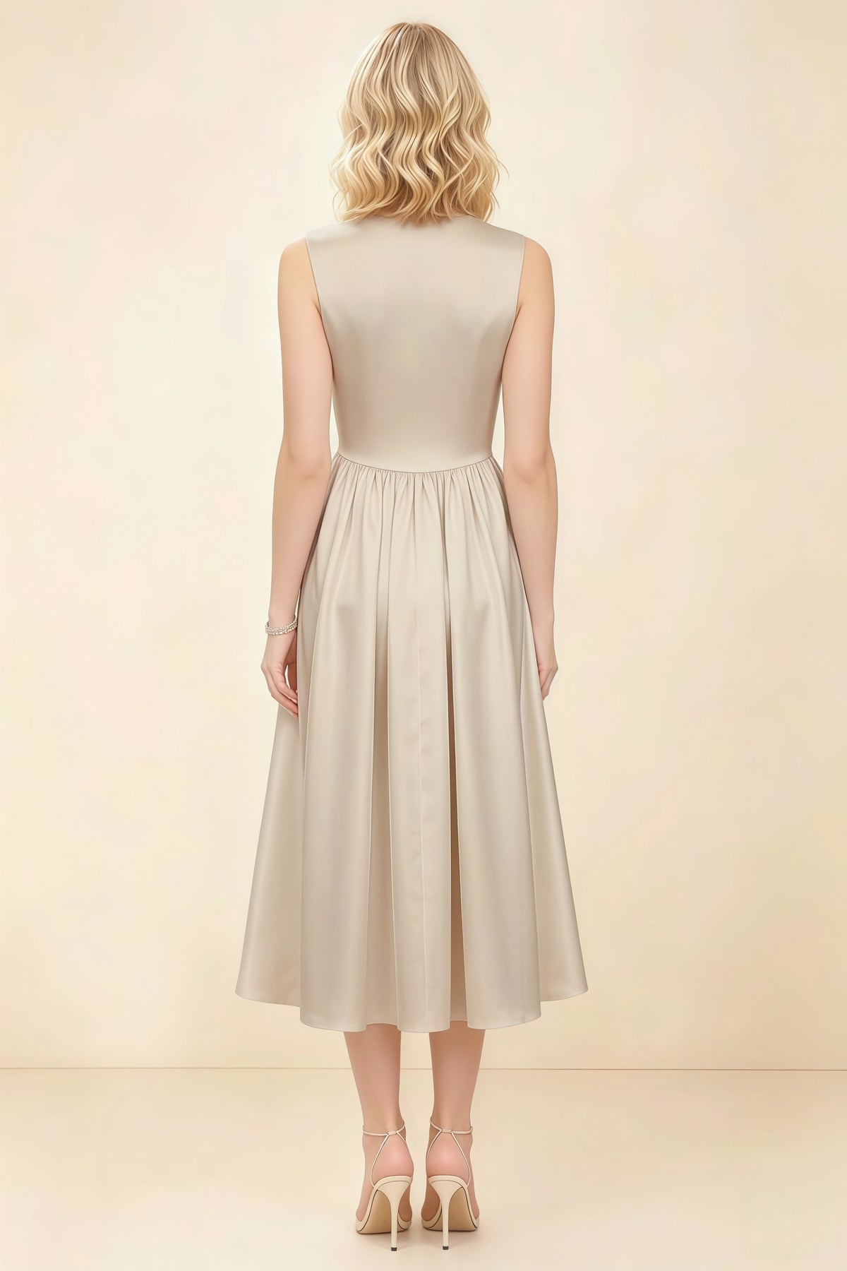 Anabelle Champagne Sleeveless Square Neck Midi Dress