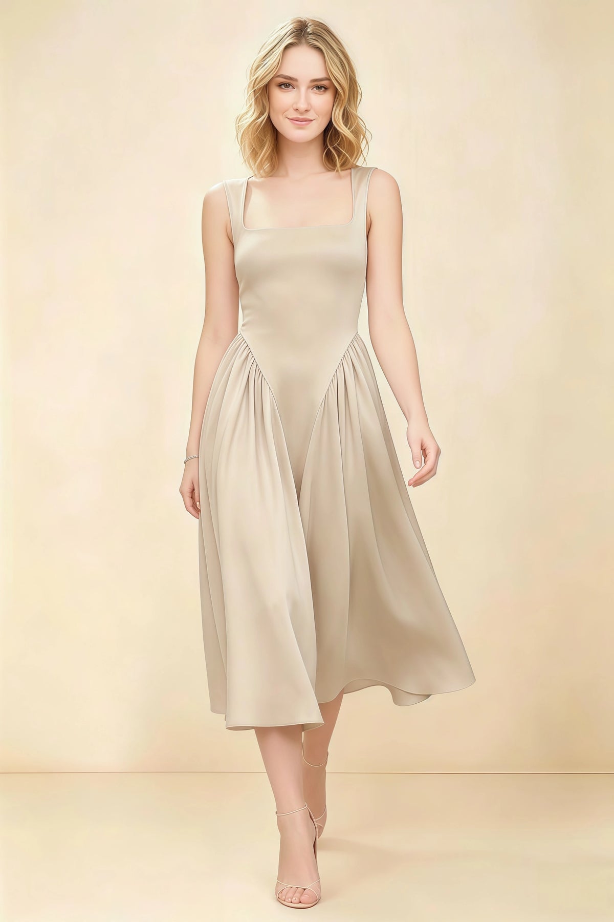 Anabelle Champagne Sleeveless Square Neck Midi Dress