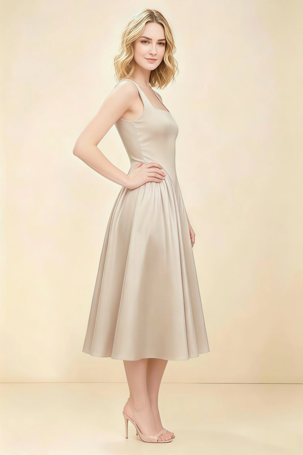 Anabelle Champagne Sleeveless Square Neck Midi Dress