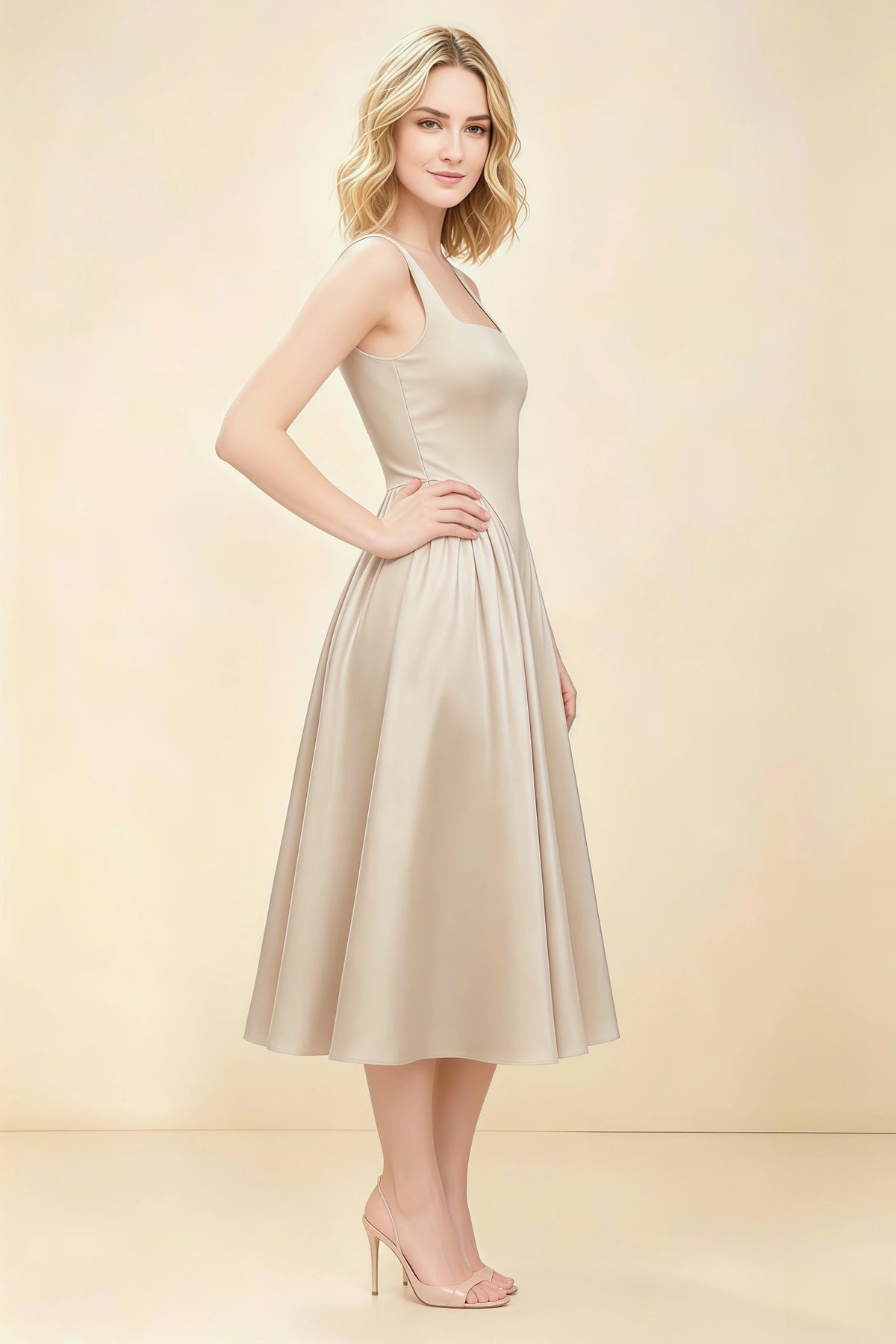 Anabelle Champagne Sleeveless Square Neck Midi Dress