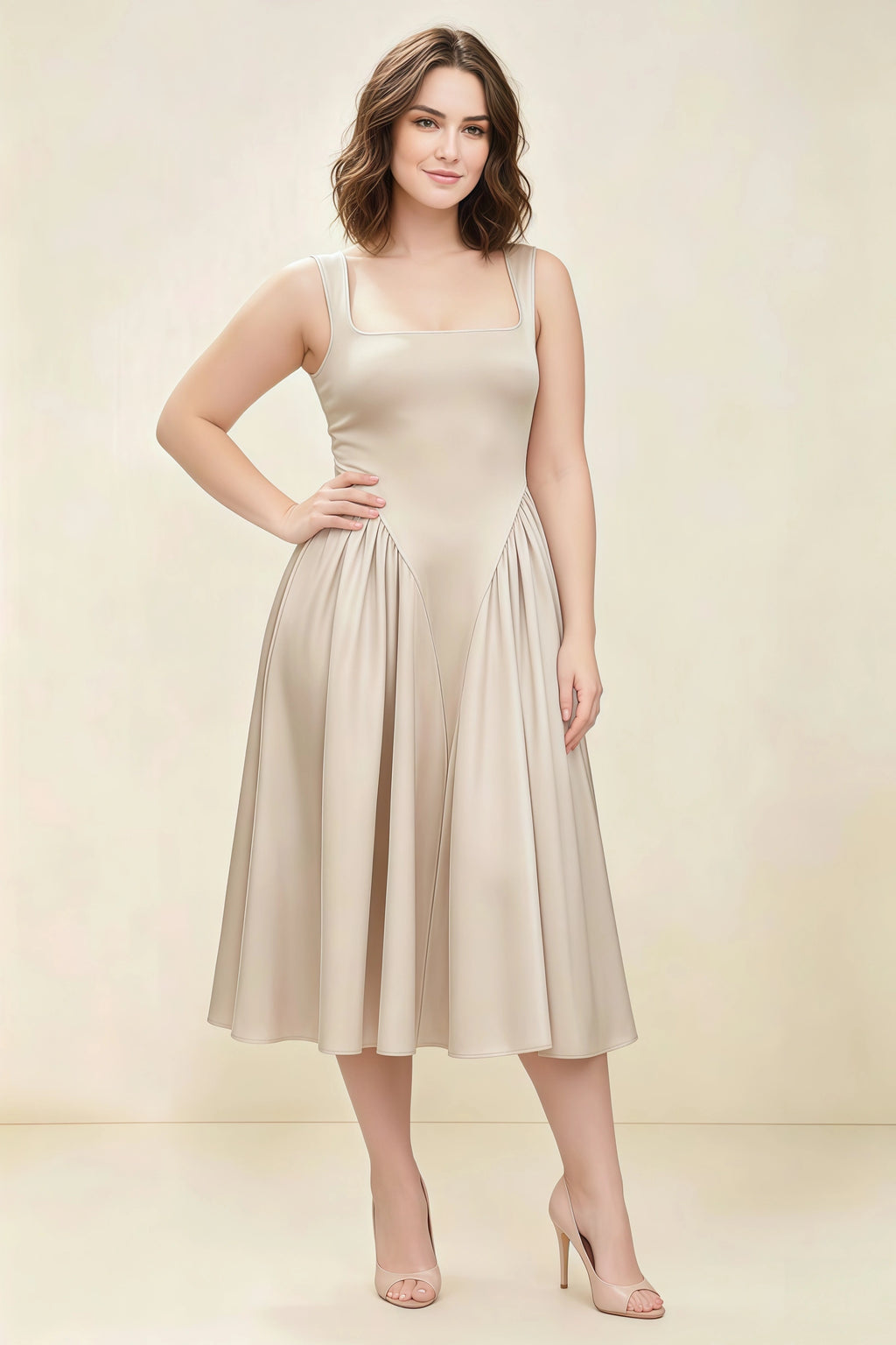 Anabelle Champagne Sleeveless Square Neck Midi Dress