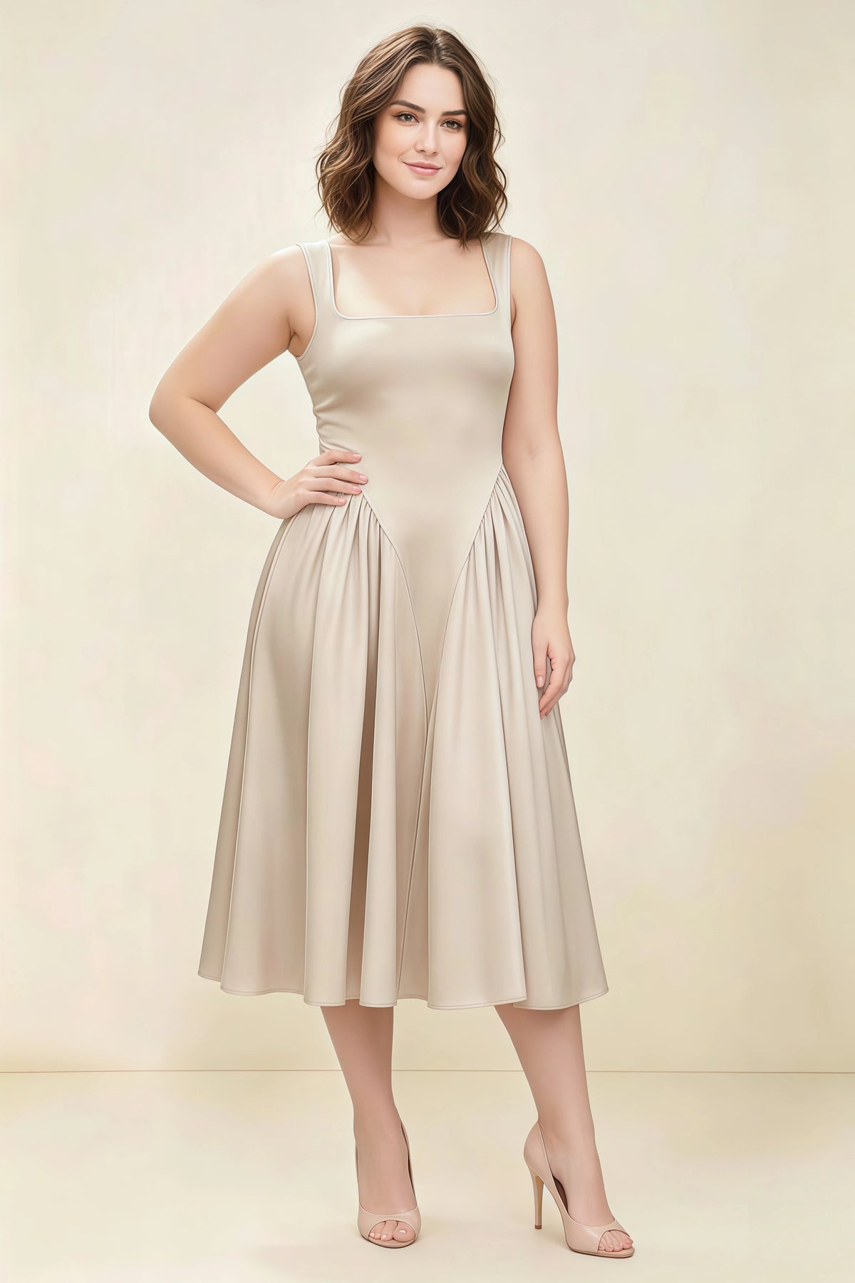 Anabelle Champagne Sleeveless Square Neck Midi Dress