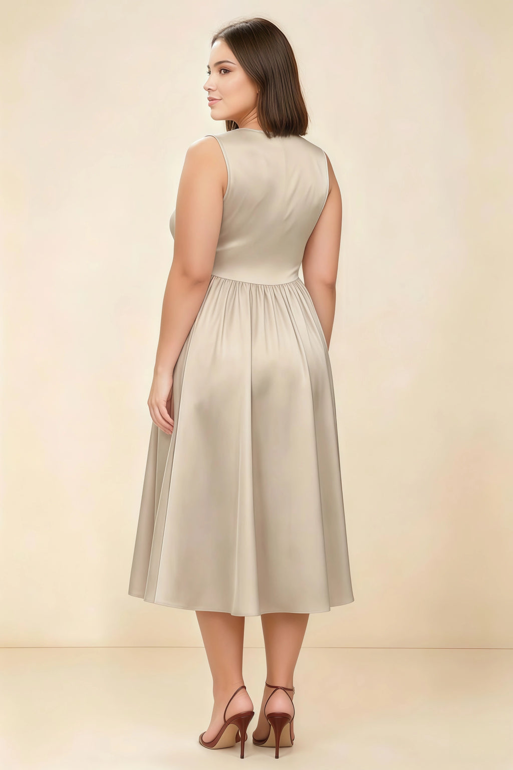 Anabelle Champagne Sleeveless Square Neck Midi Dress