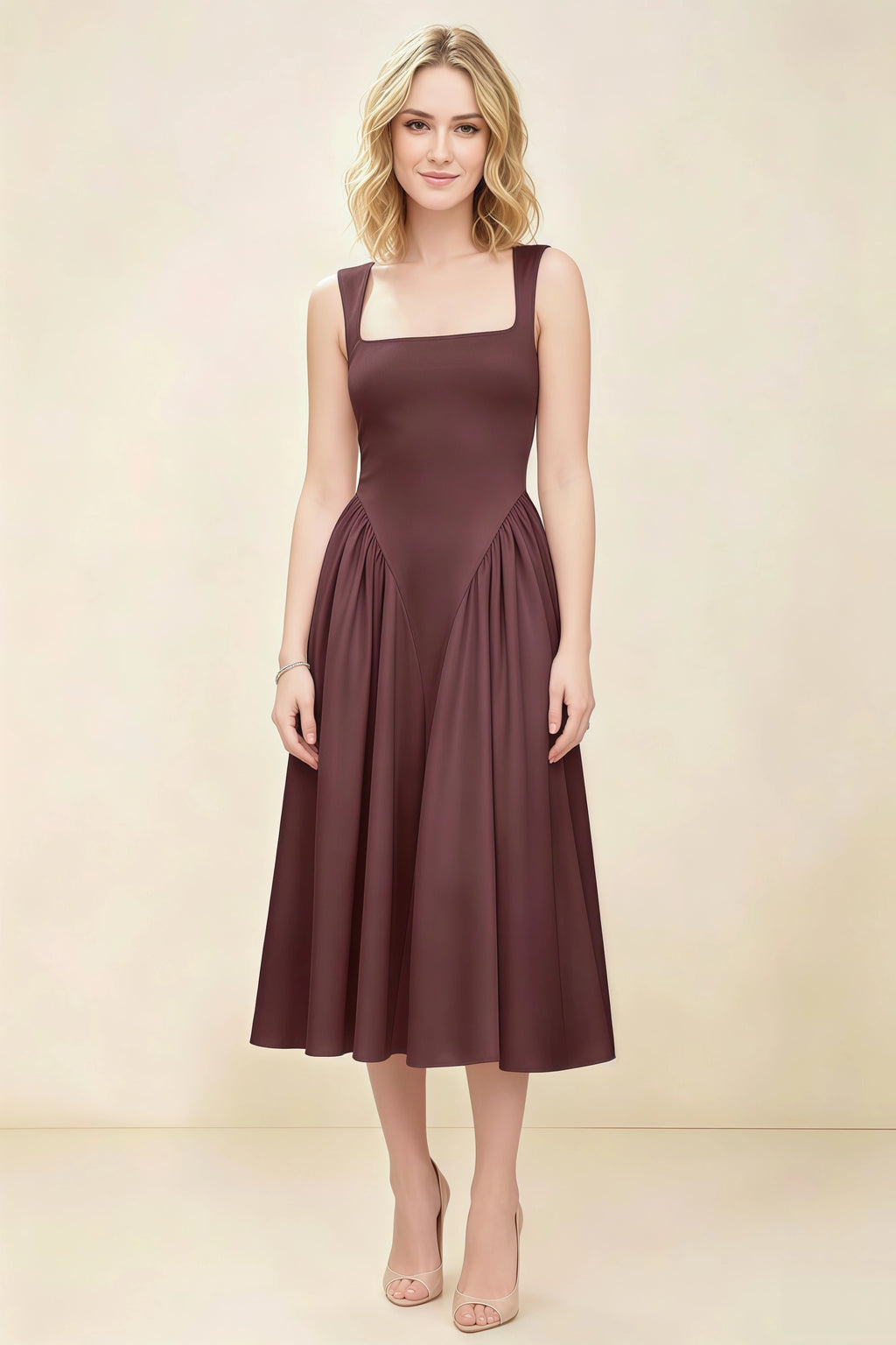 Anabelle Chocolate Sleeveless Square Neck Midi Dress