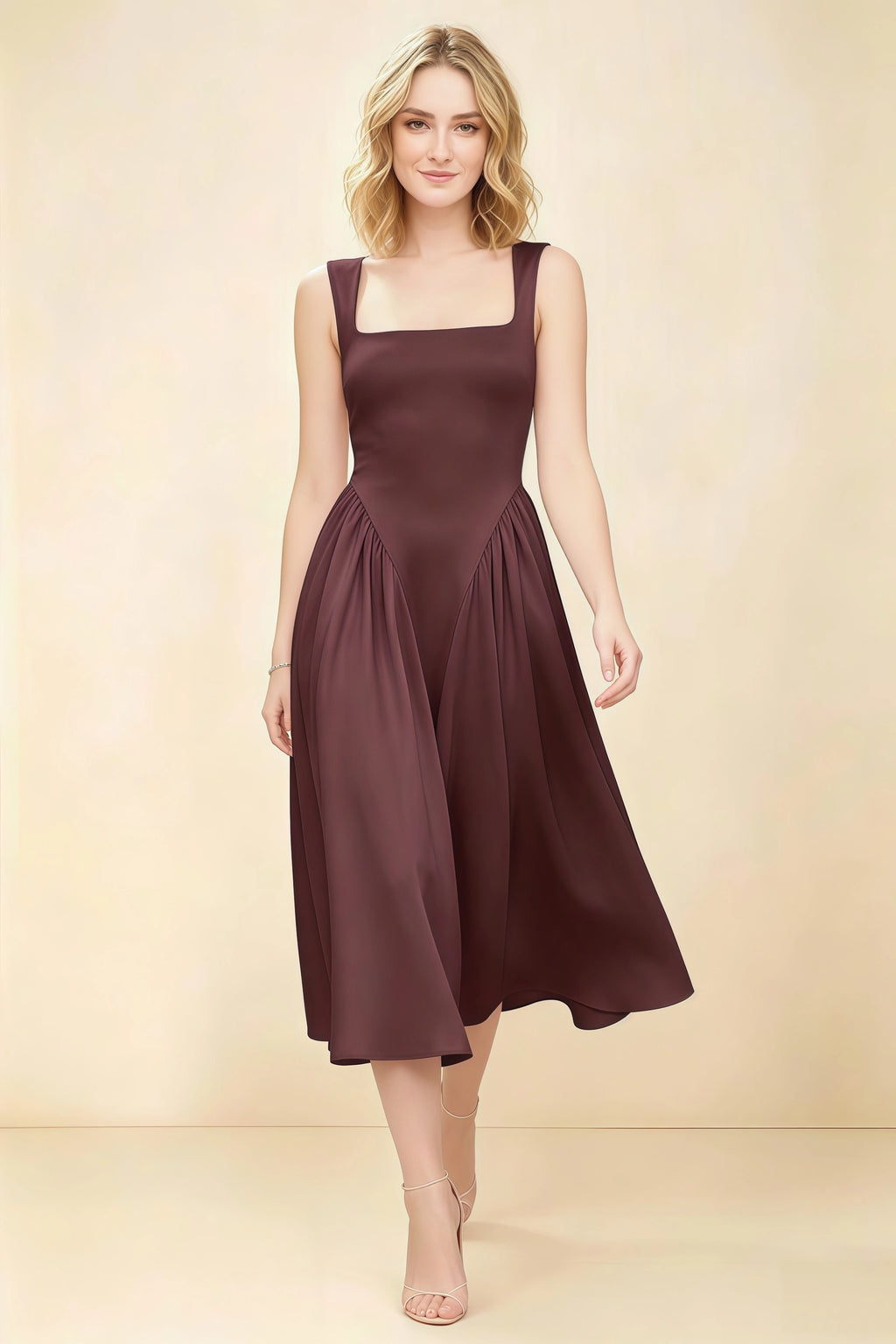 Anabelle Chocolate Sleeveless Square Neck Midi Dress