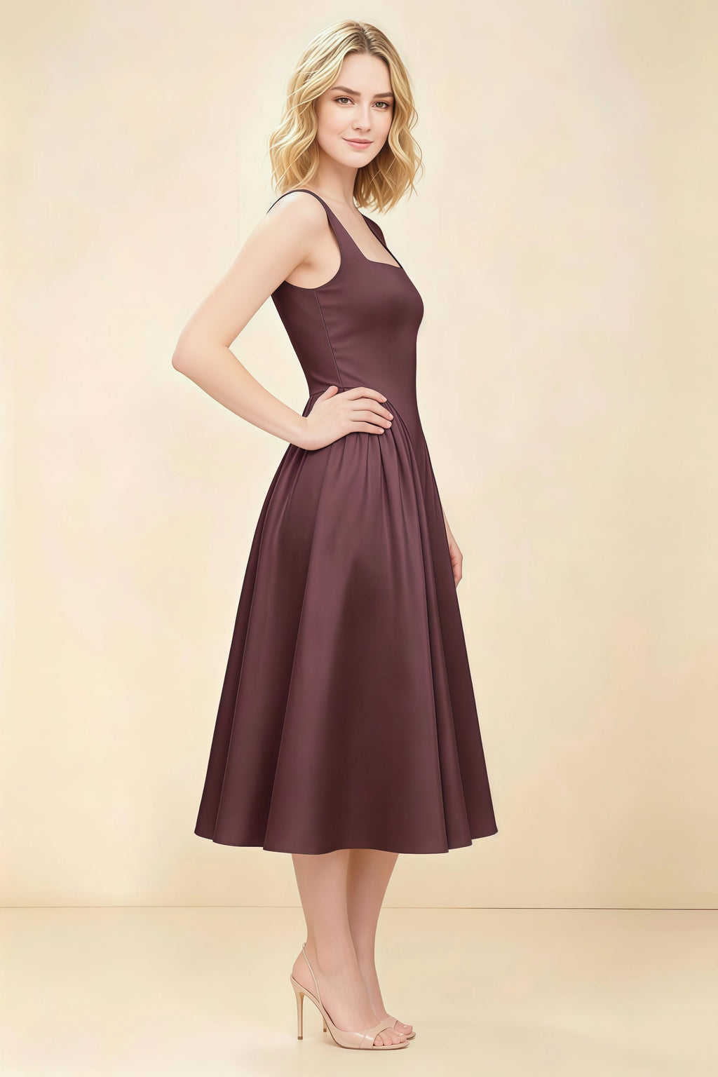 Anabelle Chocolate Sleeveless Square Neck Midi Dress