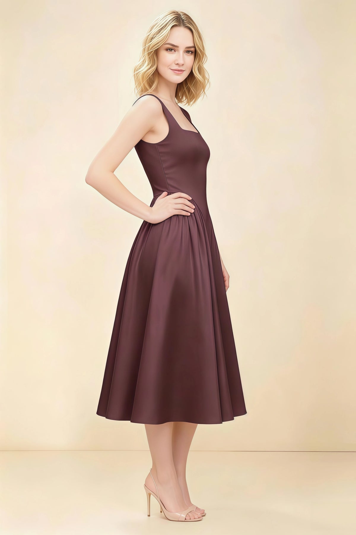 Anabelle Chocolate Sleeveless Square Neck Midi Dress