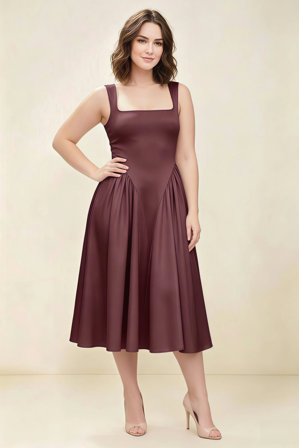 Anabelle Chocolate Sleeveless Square Neck Midi Dress