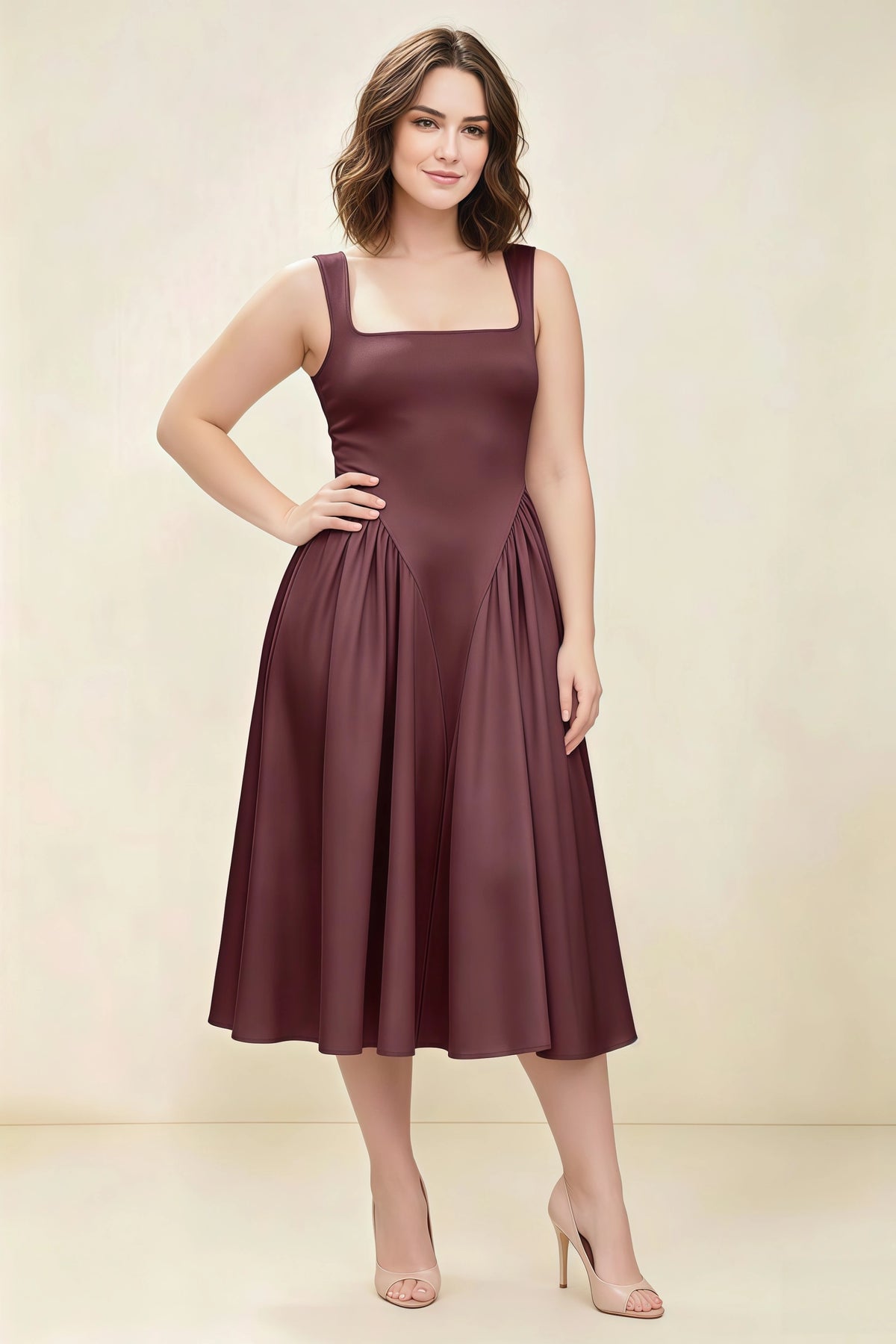 Anabelle Chocolate Sleeveless Square Neck Midi Dress