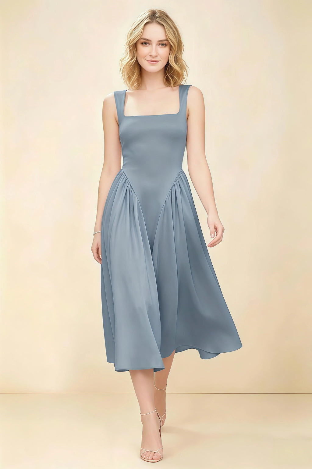 Anabelle Dusty Blue Sleeveless Square Neck Midi Dress