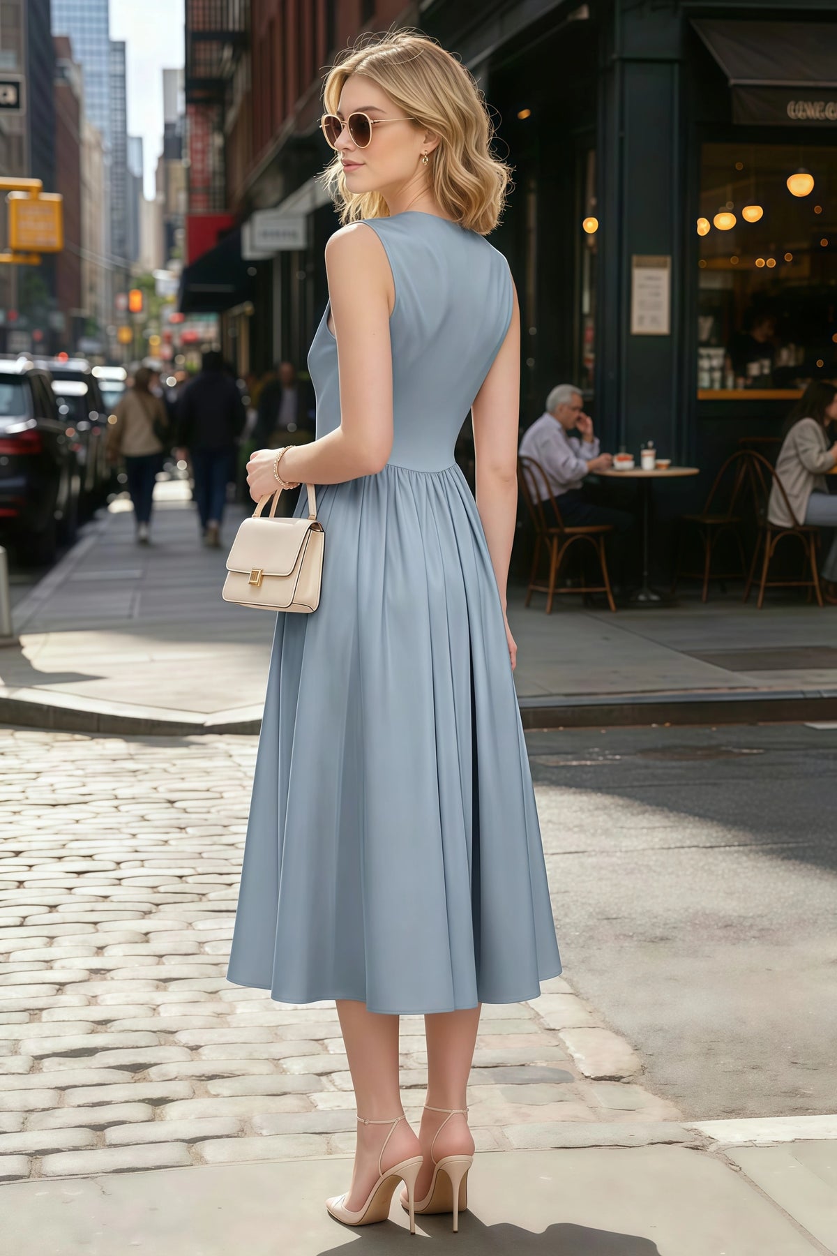 Anabelle Dusty Blue Sleeveless Square Neck Midi Dress