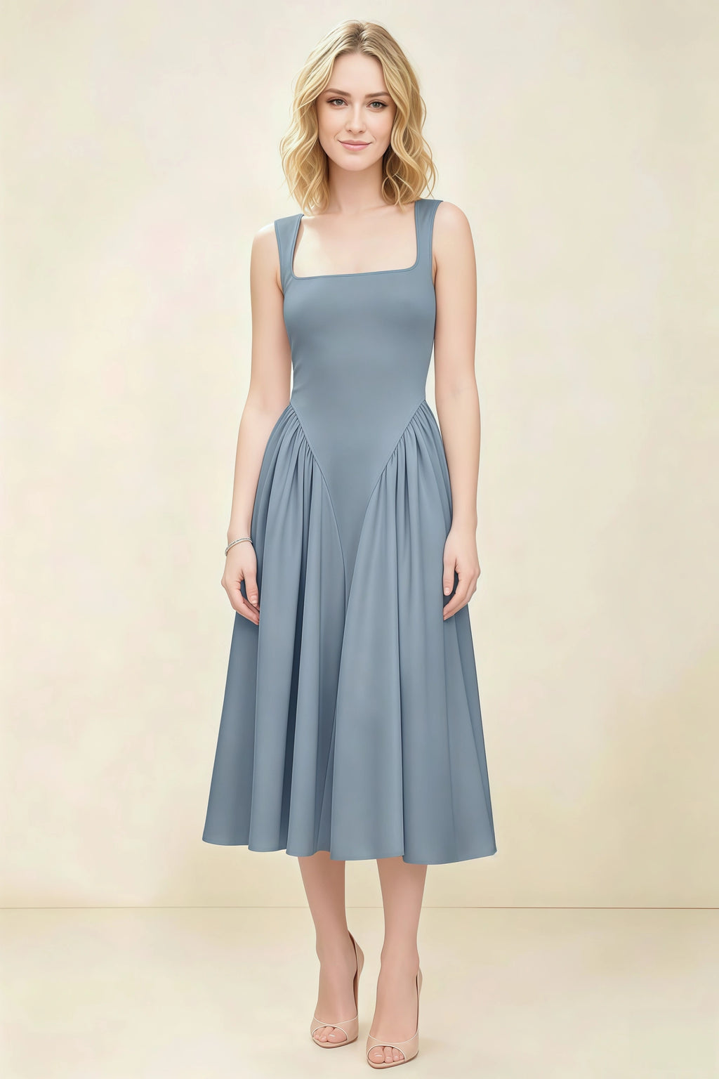 Anabelle Dusty Blue Sleeveless Square Neck Midi Dress