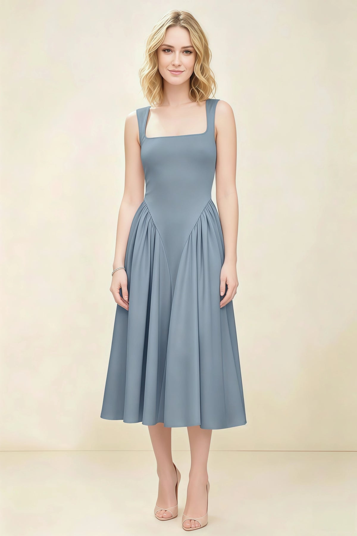 Anabelle Dusty Blue Sleeveless Square Neck Midi Dress