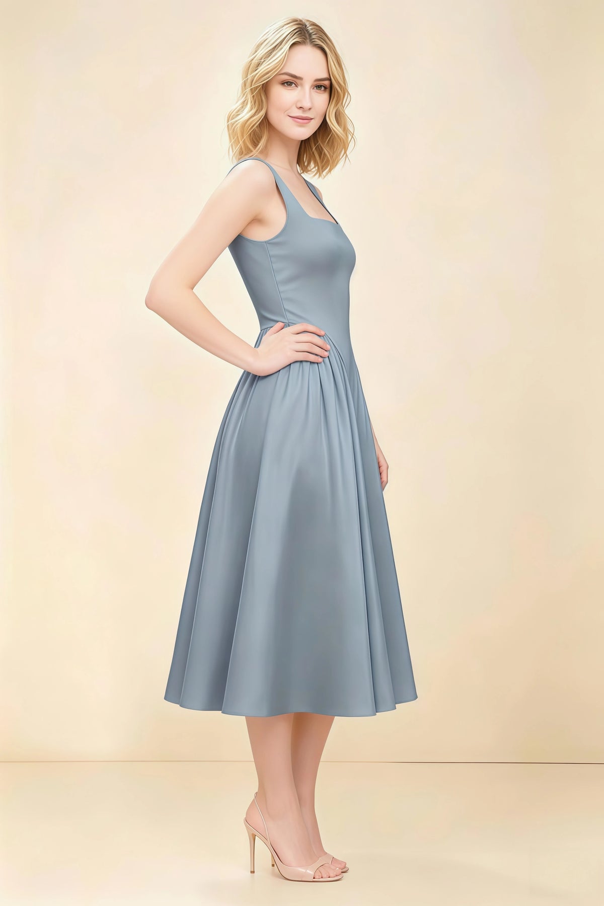 Anabelle Dusty Blue Sleeveless Square Neck Midi Dress